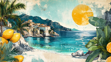 Watercolor painting of amalfi coast with lemons and palm trees for travel and summer vacation vibes