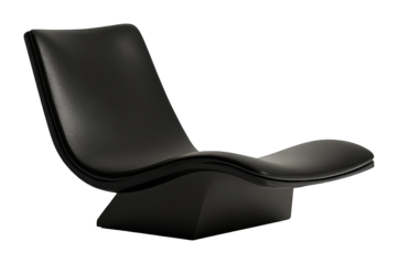 Modern black leather chaise lounge chair with sleek curves on a transparent background