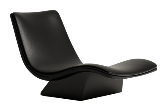 Modern black leather chaise lounge chair with sleek curves on a transparent background