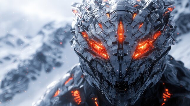 Futuristic, armored head in icy landscape