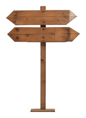 Wooden directional signpost with two blank arrows on transparent background