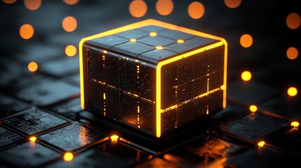 Futuristic cube, glowing orange lines