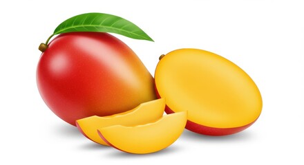 A whole and sliced mango with a leaf isolated on white background
