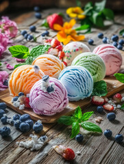 Colorful ice cream scoops with fresh berries and mint on rustic wooden table