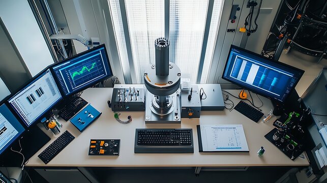 A top-down view of a modern scientific workstation with multiple computer screens displaying data, measurement equipment, and a central analytical device, set in a bright laboratory environment
