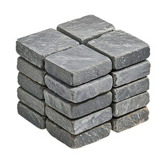 A sturdy stack of slate blocks showcasing their natural texture and versatility for various construction and landscaping uses, isolated a transparent background.