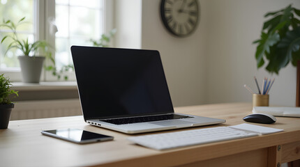 Laptop on table in minimalist style workplace ,affaires, pressés, concept, connexion.
