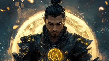 Arcane guardian armor with luminous runes mature asian man black tied back hair background illustration portrait. Luminous Runes. Illustration