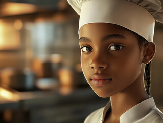 Young aspiring chef wearing a toque in a professional kitchen