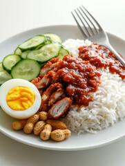 Nasi lemak, malaysian cuisine dish with fried chicken, egg, peanuts, cucumber, and sambal sauce