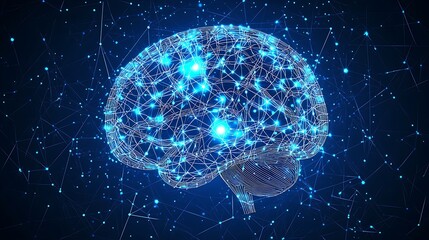 Digital brain concept on a dark blue technological background The image shows a glowing blue brain formed by dots and lines, representing artificial intelligence and neural networks
