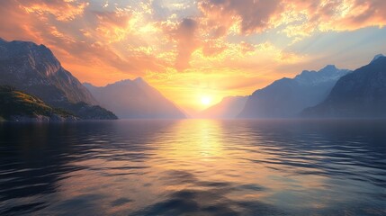 Serene lake at sunset surrounded by mountains reflecting golden light on the water surface view