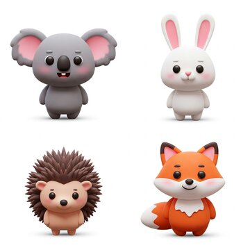Personajes de animales tiernos de dibujos animados en 3D coloridos en fondo blanco