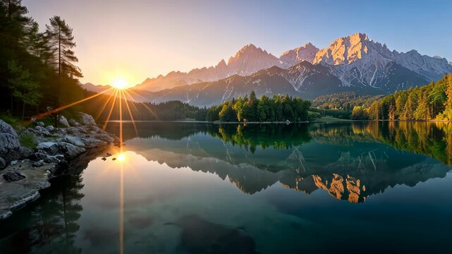 Witness the impressive summer sunrise over Eibsee lake with the backdrop of the Zugspitze mountain range, Ai Generated.