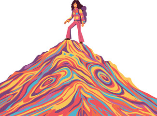 Fototapeta premium A person standing triumphantly on a colorful mountain in a flat vector illustration
