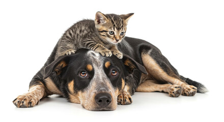 Fototapeta premium A playful kitten perched atop a patient dog, a heartwarming scene of interspecies friendship against a stark white background.