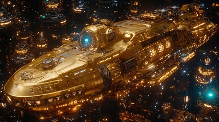 Obraz premium Golden spaceship in a futuristic city