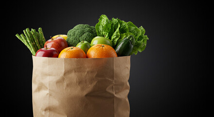 A vibrant bounty of fresh produce nestled in a rustic paper bag, ready for a healthy and delicious meal against a dark backdrop.