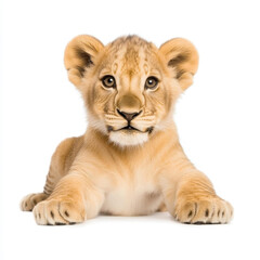 Adorable lion cub with fluffy fur, showcasing its playful nature against a crisp white background. Perfect for wildlife lovers