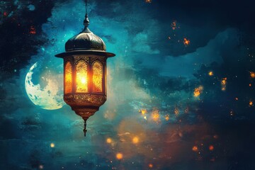 Glowing lantern hanging with moon and night sky in the distance