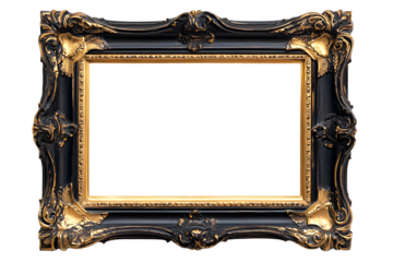 Ornate frame with gold trim and dark finish elegant presentation on transparent background