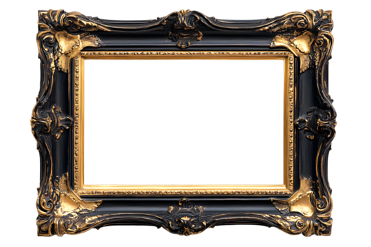 Ornate frame with gold trim and dark finish elegant presentation on transparent background