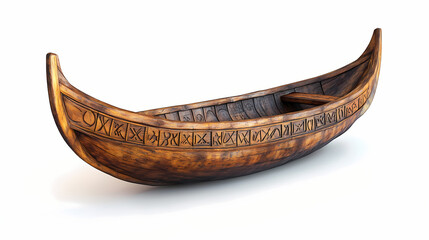 A wooden carved boat adorned with runes, isolated on white, echoing ancient traditions. Echoing Runes. Illustration