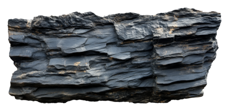 Sedimentary rock formation with layered black and gray textures on transparent background, geological concept