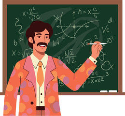 A cheerful teacher in a colorful suit explaining math concepts on a chalkboard in flat vector art