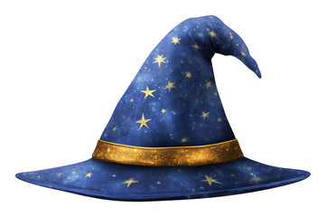 Blue wizard hat adorned with gold stars and shimmering details on a transparent background
