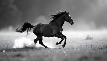 Horse Galloping in Field Monochrome Image