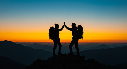 Hikers celebrating summit success at sunrise, silhouetted against a vibrant orange and blue sky, sharing a high five.