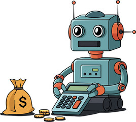 Fototapeta premium Robot counting coins with calculator beside a money bag in flat vector art