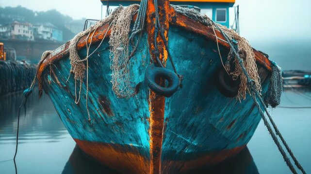 A small blue boat resting at the shore of calm waters, ideal for use in travel, adventure, or nautical themed projects.