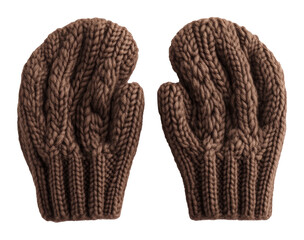 Pair of brown knitted wool mittens with cable pattern on transparent background