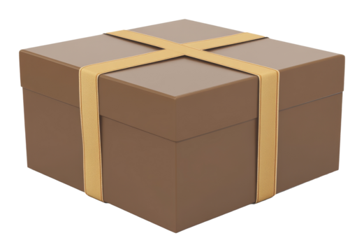 Brown gift box with golden ribbon on transparent background, 3d digital art design