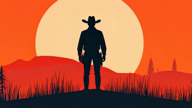 A vibrant vector illustration showcasing a cowboy silhouette against a western backdrop, blending modern and cartoon styles.