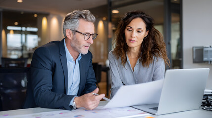 A man and a woman are sitting at a desk looking at a laptop