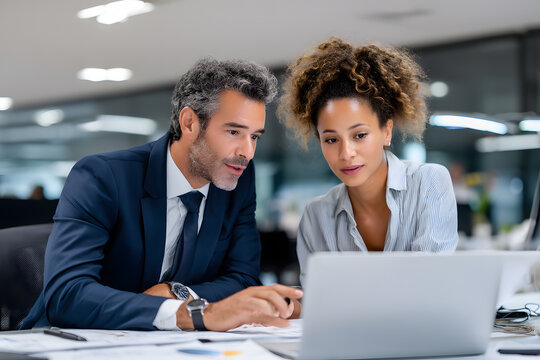 A man and a woman are looking at a laptop together