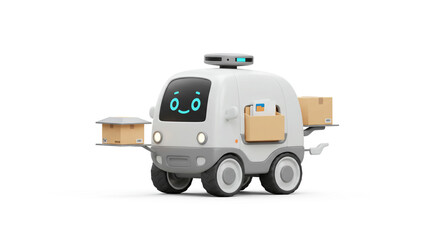 A friendly delivery robot diligently making a contactless package drop-off with a cheerful expression and bright white body.