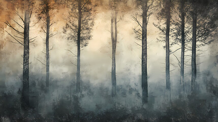 Fototapeta premium Peaceful grove of trees in the serene depths of an enchanting forest, serene, whispers, peaceful. Whispering Depths. Illustration