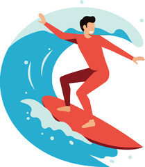 Surfer riding a vibrant wave in a dynamic pose with flat vector art style