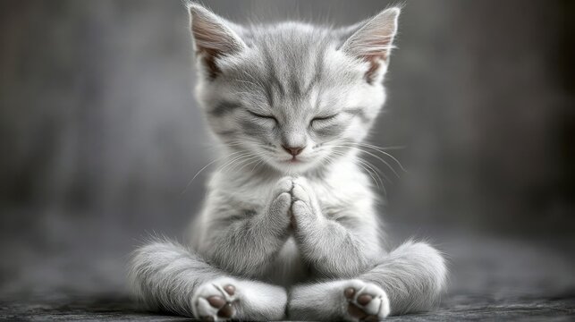 A Serene Grey Tabby Kitten Meditating with Paws Pressed Together Against a Soft, Blurry Background - Powered by Adobe