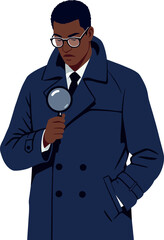 Detective holding magnifying glass in dark coat, minimal style vector illustration