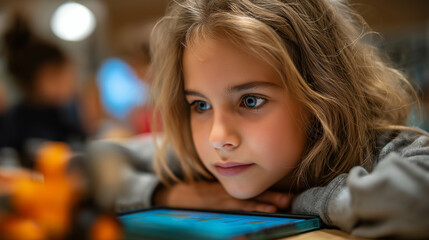 Kids testing robot movement on classroom floor, colorful learning posters behind