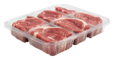 Packaged fresh pork chops in clear plastic tray with white marbling