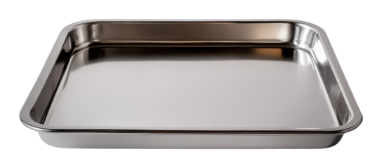Rectangular stainless steel baking tray with reflective surface on transparent background