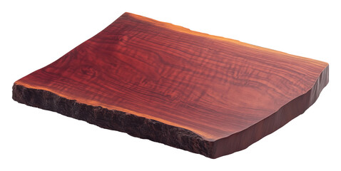 Smooth polished wooden slab with rich red tones and natural edges on transparent background