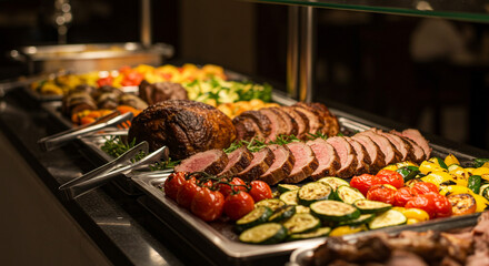 Obraz premium A succulent roast beef buffet, elegantly sliced and arranged with vibrant roasted vegetables, under warm inviting lighting.