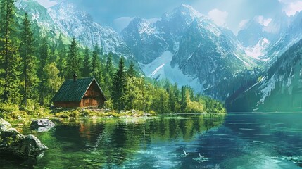Fototapeta premium A cabin nestled by a lake surrounded by a forest with snow capped mountains in the background